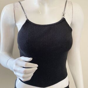 Reformation Black Ribbed Knit Chain Strap Fitted Tank Top